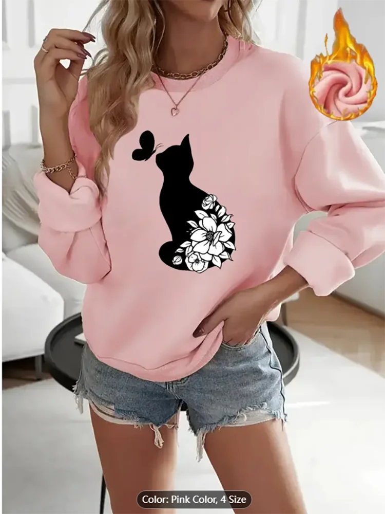 

Женская серая толстовка с котом, цветком, бабочкой, графическим принтом, на флисовой подкладке, повседневный пуловер большого размера, топ для любителей кошек, хлопок