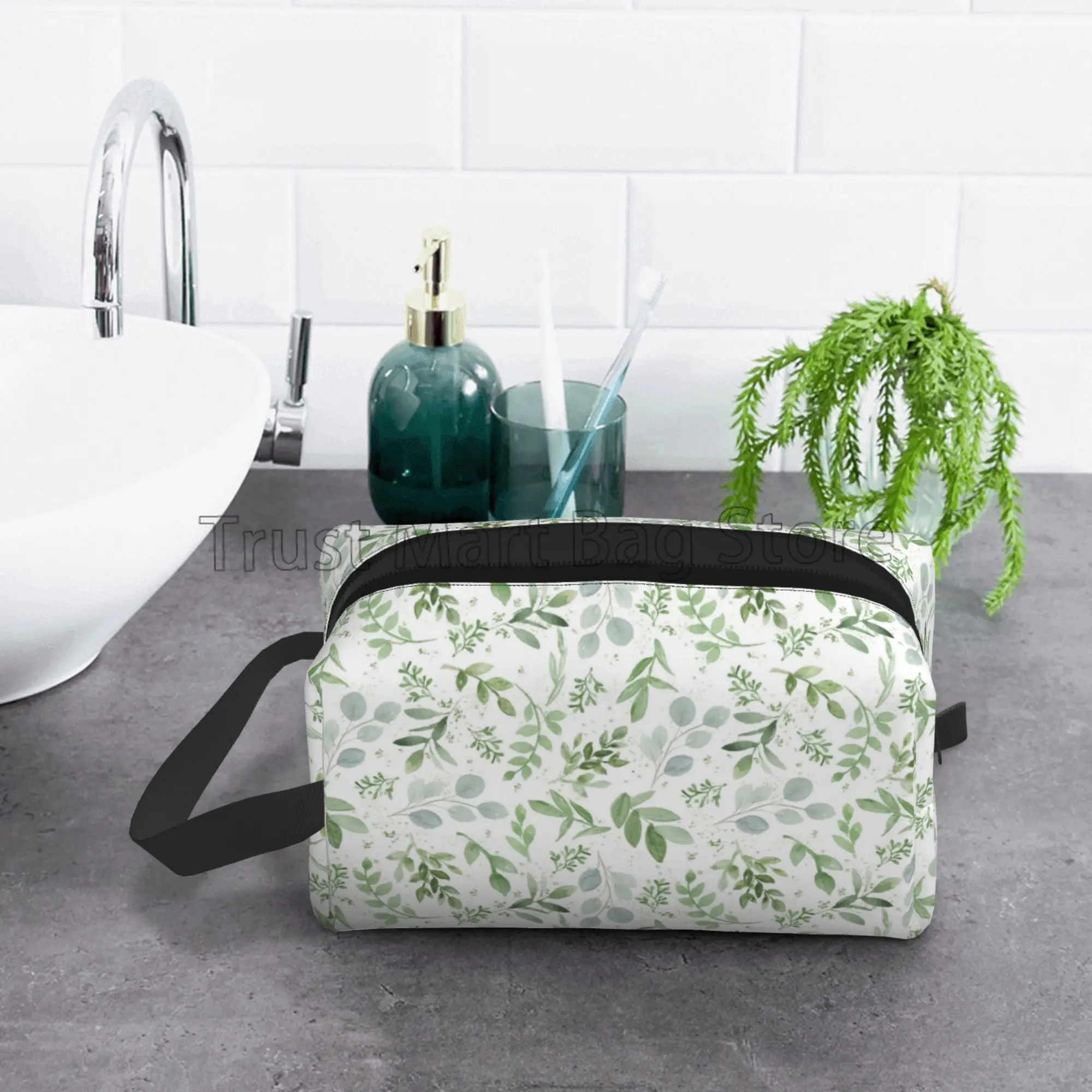 Sage Storage Bag for Women Green Leaf Portable Waterproof Large Capacity Makeup Bags Travel Cosmetic Bag Toiletry Pouch