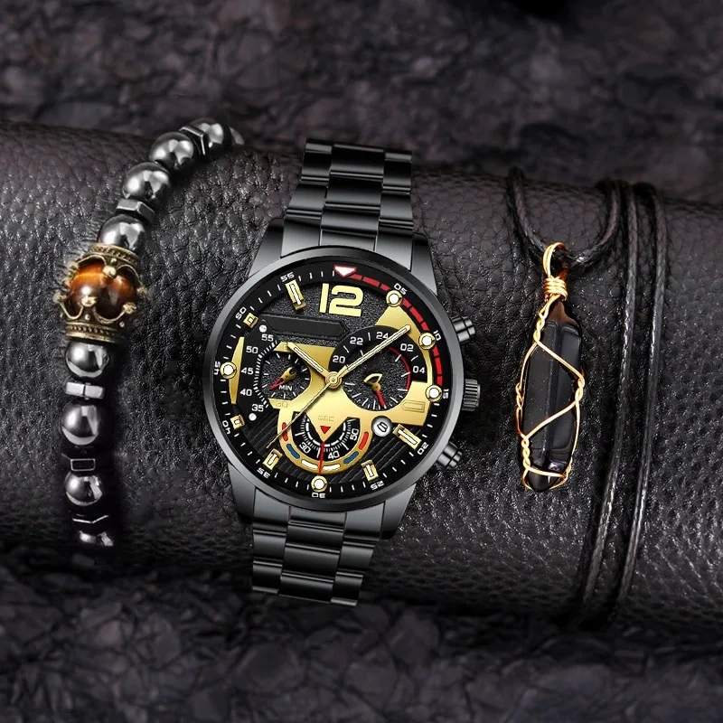 

4pcs gold alloy Roman with calendar men's quartz watch and cross necklace bracelet ring set selected gift