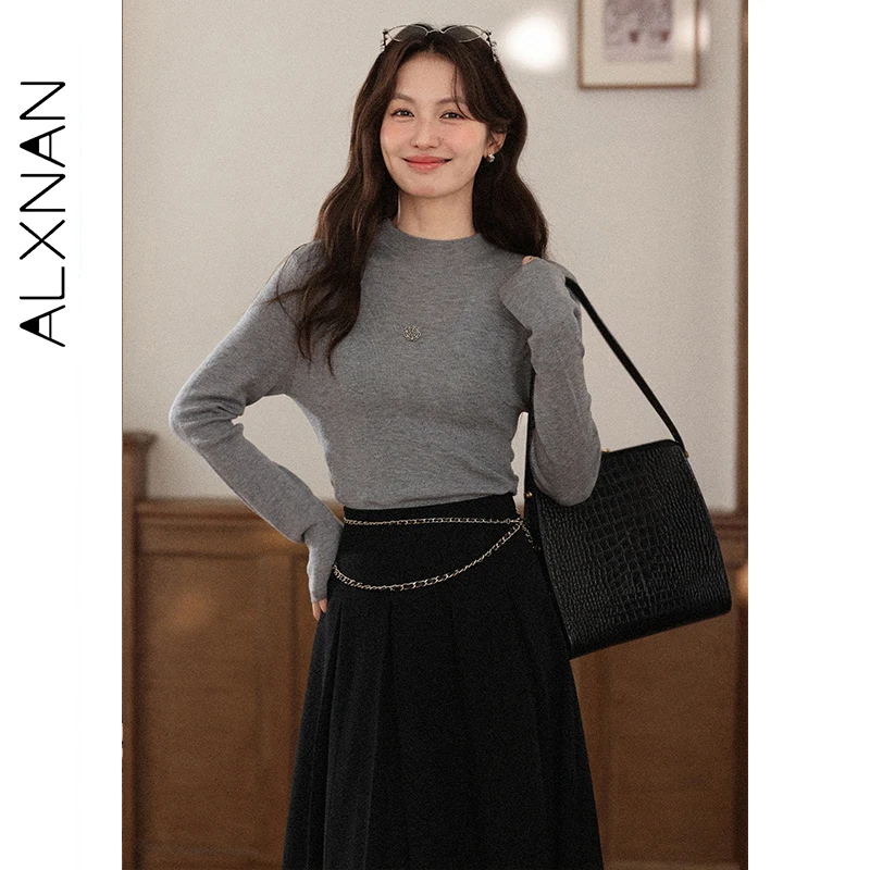 

ALXNAN Gray Knitted Sweaters Autumn Round Neck Long Sleeve Women's Pullovers New Versatile Commuting Layering Knitwears L58207-1