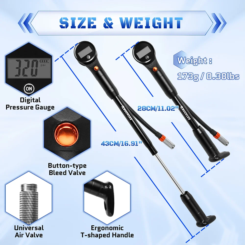 BUCKLOS 320PSI Fietsluchtpomp Draagbare Fiets Ultralichte Handluchtpomp met Manometer Schrader Presta MTB Mountain Road Fietspomp