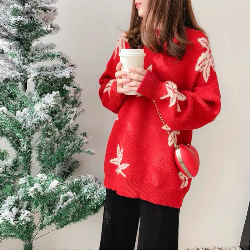 DAYIFUN-Christmas Sweaters Women Autumn Winter New Maple Leaf Pattern Design Knitted Pullovers Loose Lazy Style Jumpers Top 2024