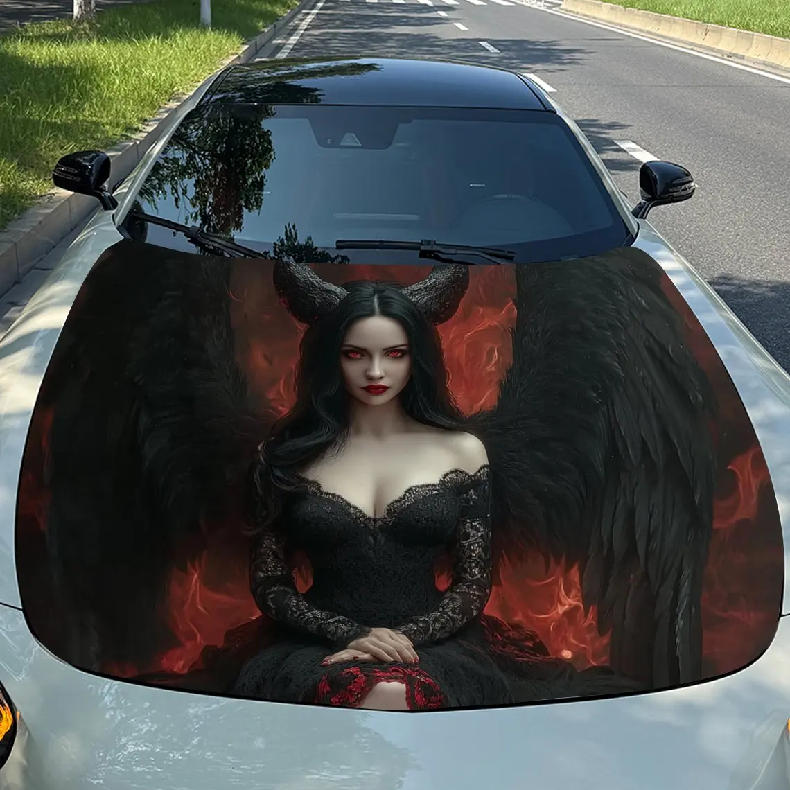

Виниловые обертывания с красными глазами овечьего рога и демона для автомобильных капотов, водонепроницаемые наклейки из ПВХ для автомобильного капота, самоклеящиеся наклейки, устойчивые к Sc