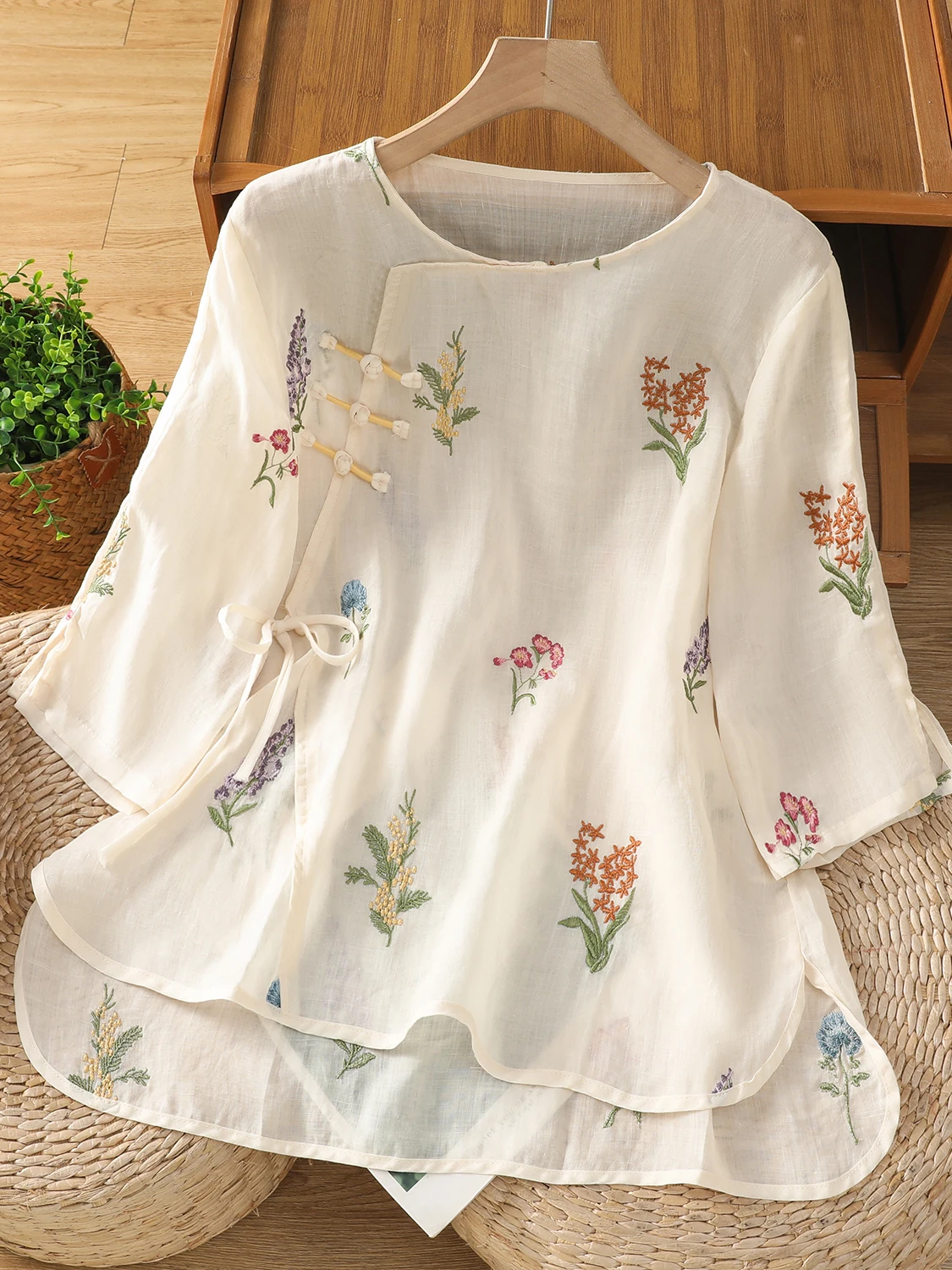 

New Chinese Style Floral Print Shirt Women's Casual Loose Fit Button up Short Sleeve Summer New Seven Sleeve Shirt