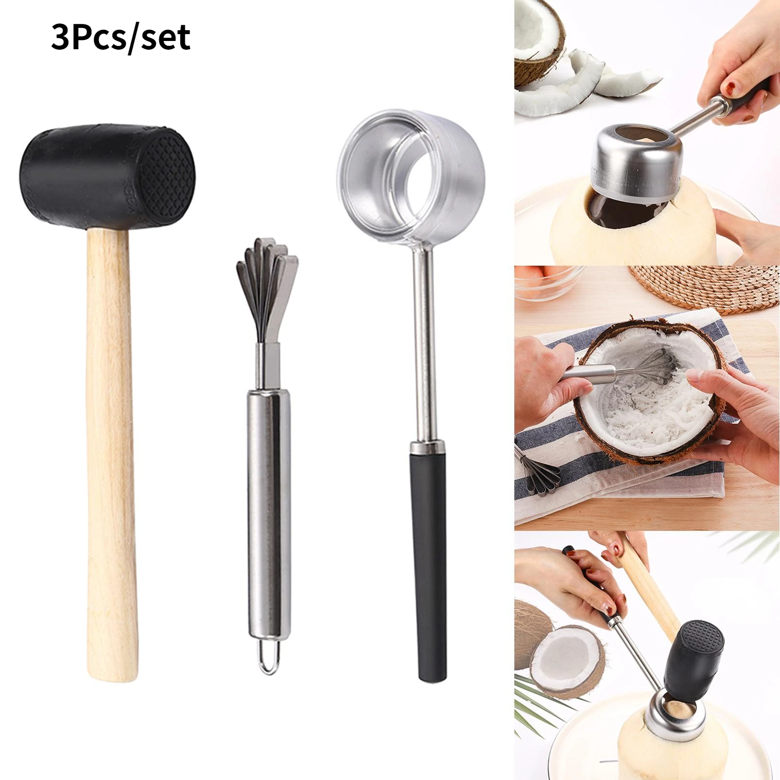 

3Pcs/set Coconut Opener Set Food Grade 304 Stainless Steel Opener Coconut Meat Tool Wooden Handle Rubber Hammer Easy To Use