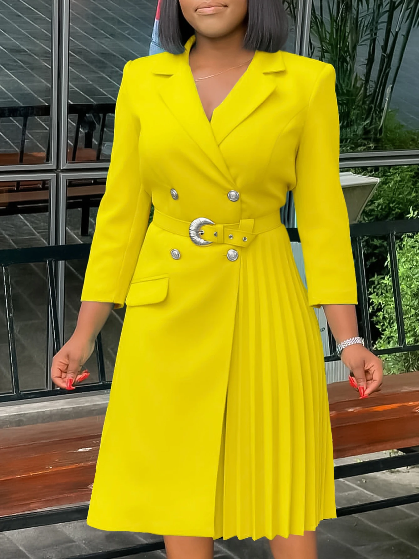 فستان نسائي أنيق للعمل بأزرار أمامية وأكمام طويلة وطية صدر السترة ورباط علوي وحاشية مطوية فستان طويل للمكتب للسيدات للخريف