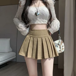 Zoki Corduroy Women Pleated Skirt Y2K High Waist Korean Casual Mini Skirts Femme Vintage Preppy Style Sweet A Line Skirts New