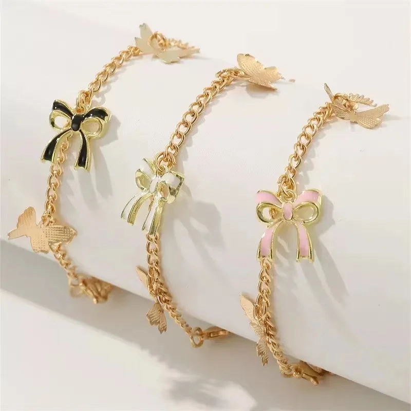 3PCS Fashionable, Exquisite, Sweet Golden Bow Women's Layered Bracelet Bracelet, Can Be Worn Separately Or Stacked. Suitable For