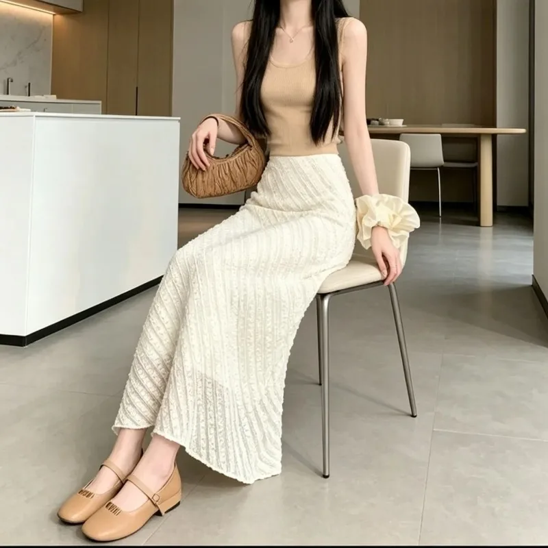 French Style White Lace Diagonal Textured Skirts Women Clothing High Waist Flowy A Line Ruffle Hem Elegant Casual Long Skirts