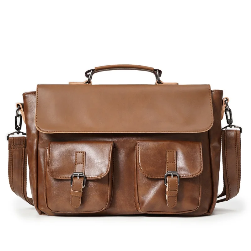 Maletín de cuero Vintage para hombre, bandolera de hombro de gran capacidad, bolso de negocios