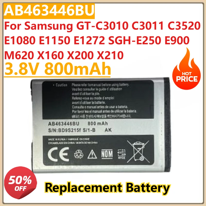

New 3.8V 800mAh Battery AB463446BU for Samsung GT-C3010 C3011 C3520 SGH-E250 E900 M620 E1080 E1150 E1272 X160 X200 X210