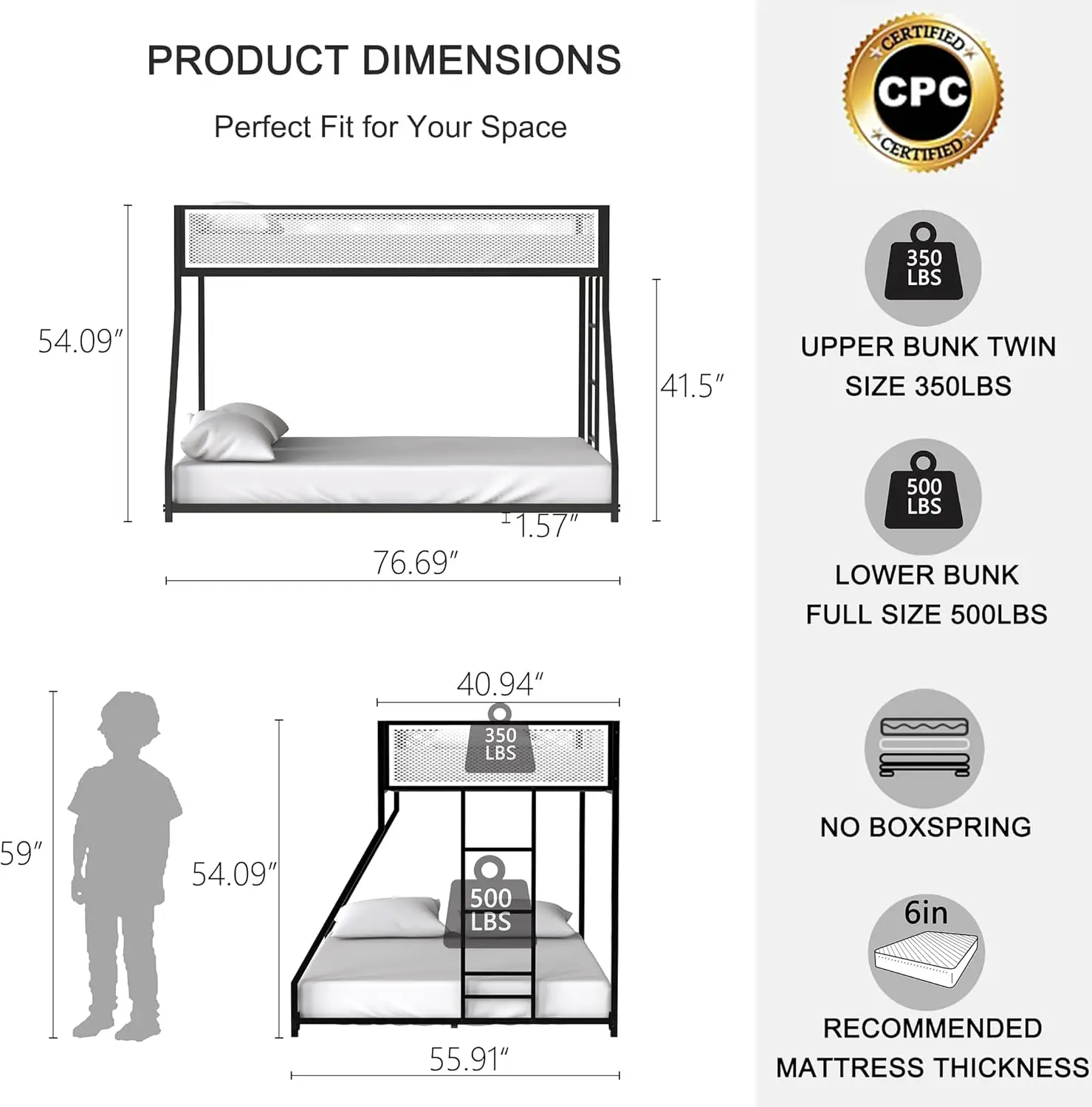 Bunk Bed Twin Over Full - Lifesky Metal Bunkbed Frame For Small Space Children'S Bedroom Guest Room - Low Profile For Kids 6+