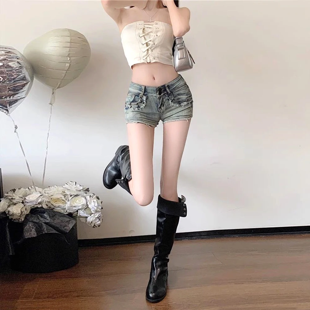 Women's Low Waisted Denim Shorts Invisible Open Crotch Outdoor Sex Slimming Lifting Buttocks Hot Pants Retro Colour