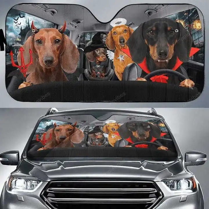 Divertente bassotto famiglia guida a sinistra parasole per Auto per proprietario di Doxie, cani bassotto fulvo che guidano parasole automatico,