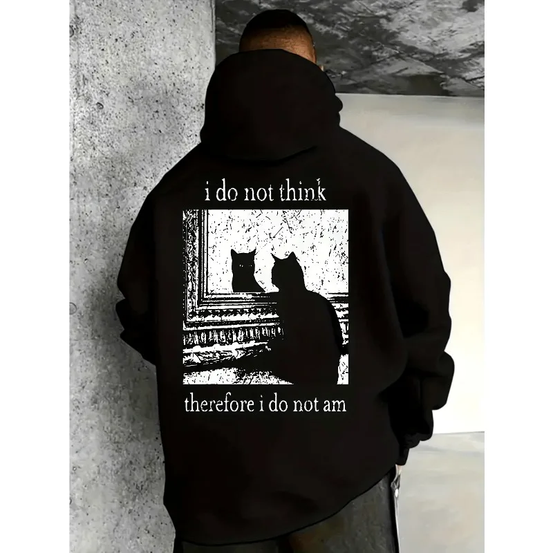 Interesting cat enthusiast hoodie with the slogan 'I don't think, so I'm not' and Schr ö dinger's cat design casual wear