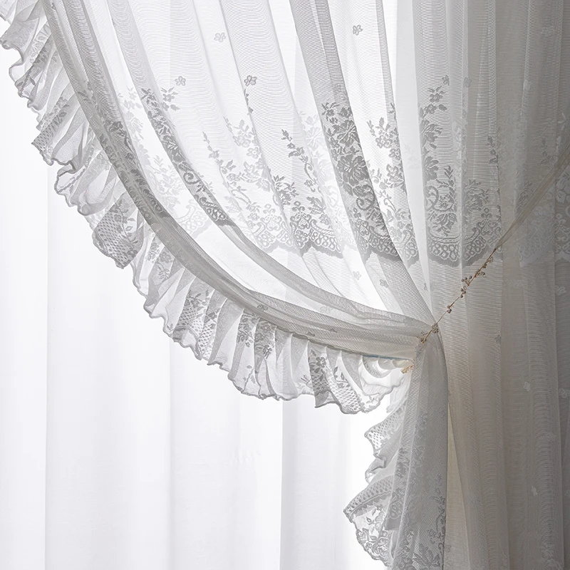 Princess White Lace Curtains Sheer for Living Room Bedroom Korean Lace Mesh Tulle Curtain with Ruffles Romantic Lotus Edge Drape