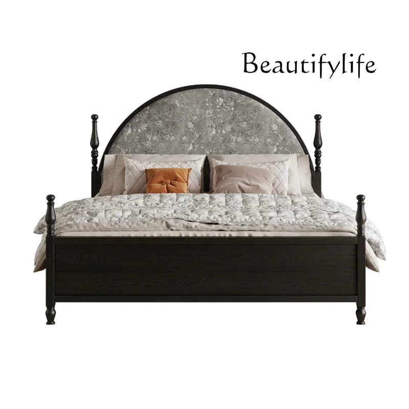 

C40 BedFrench Retro Solid Wood Bed Modern Simple Round Head American Light Luxury Master Bedroom Double Bed Black Princess