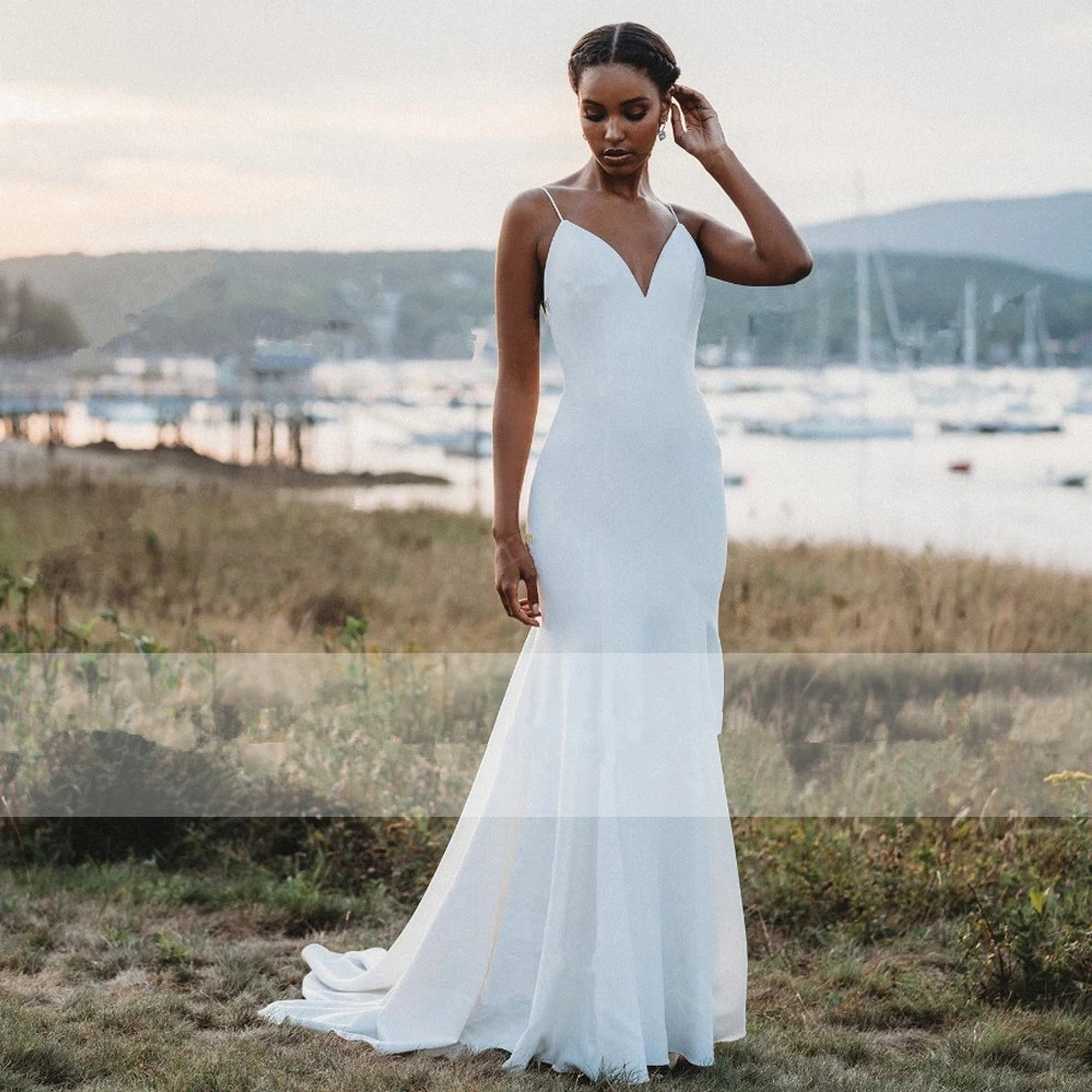 Vestido De novia De tirantes finos con espalda abierta, suave, satinado, cuello en V, sencillo y elegante