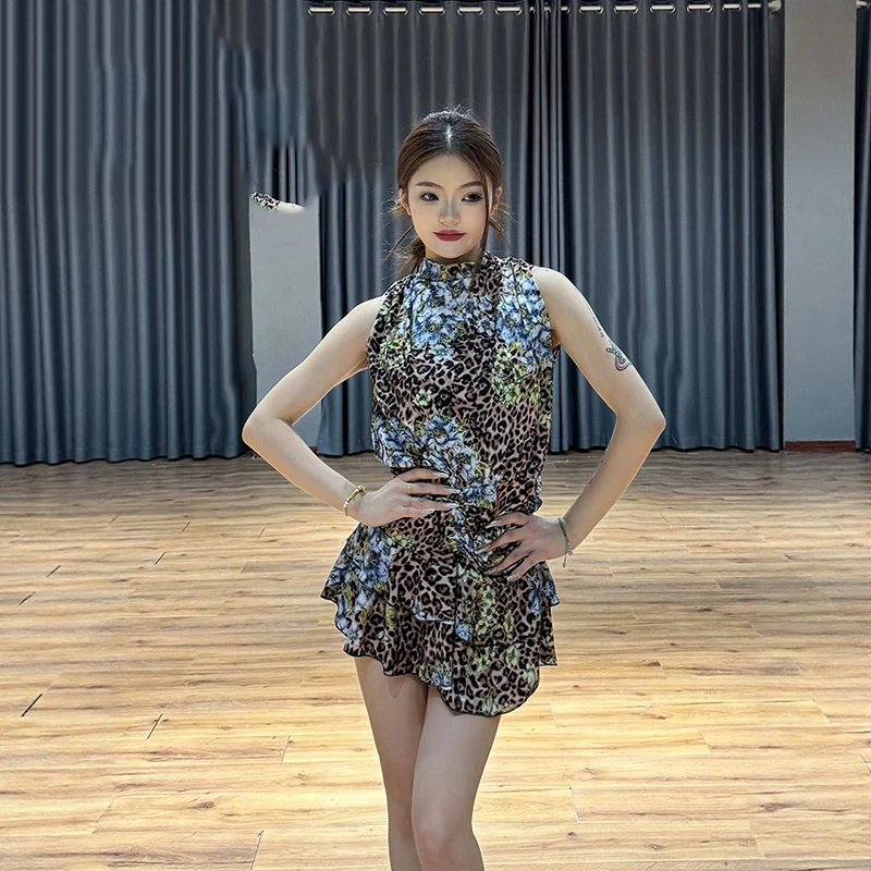

2025 New Latin Dance Dress For Women Sexy Leopard Print Sleeveless Practice Dress Samba Chacha Tango Adult Latin Wear DQS19793