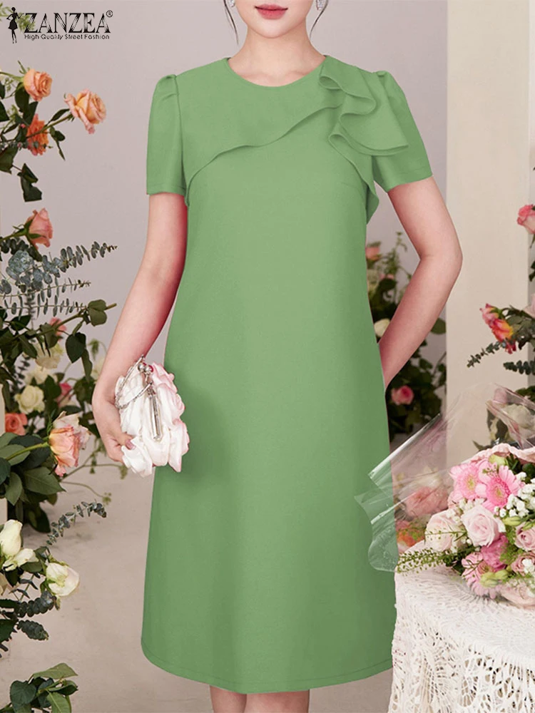 Zanzea commute escritório sólido midi vestidos coreano moda feminina elegante em camadas babados vestidos de mangas curtas o-pescoço robes femme