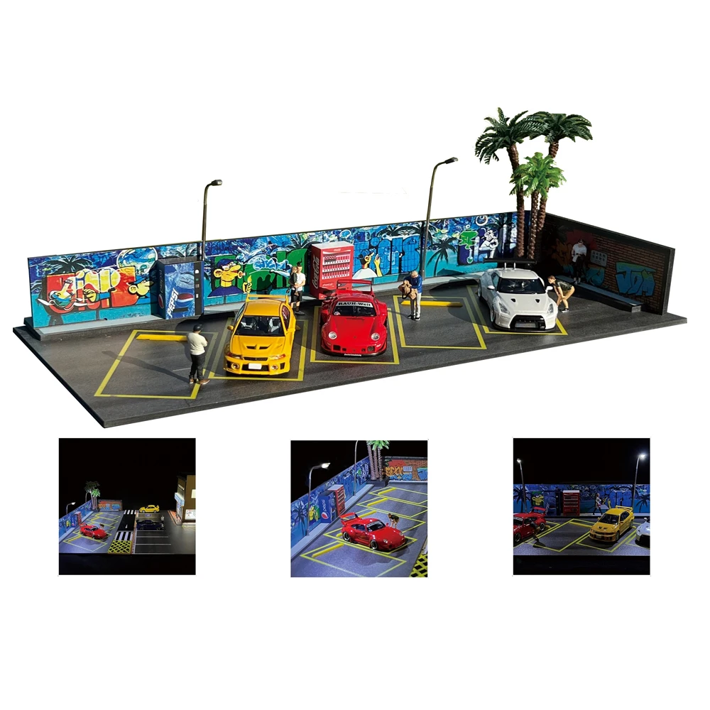 1/64 Car Diorama Garage Parking Lot Model LED Lighting PVC Garage DIY Scene DieCast Car Model For Children Christmas Present