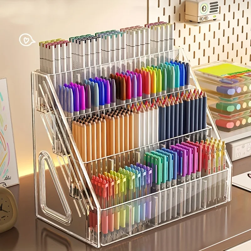 Large Capacity Pen Holder with Multi-Compartment Storage- Plastic Desk Organizer with Compartments for Pencils, Markers, Brushes