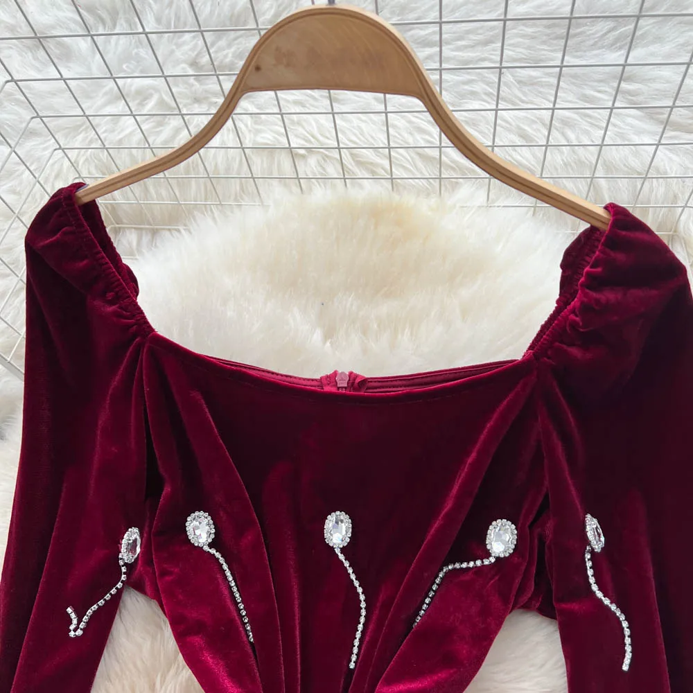 vintage elegante vierkante hals flare mouw velours jurk vestidos damesmode retro feestceremonie jurken