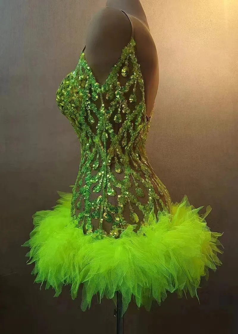 Fluorescent yellow Rhinstone Mesh tube top evening dress sing Gala Elegant Women Party Birthday Special Ocassion Sexy costume