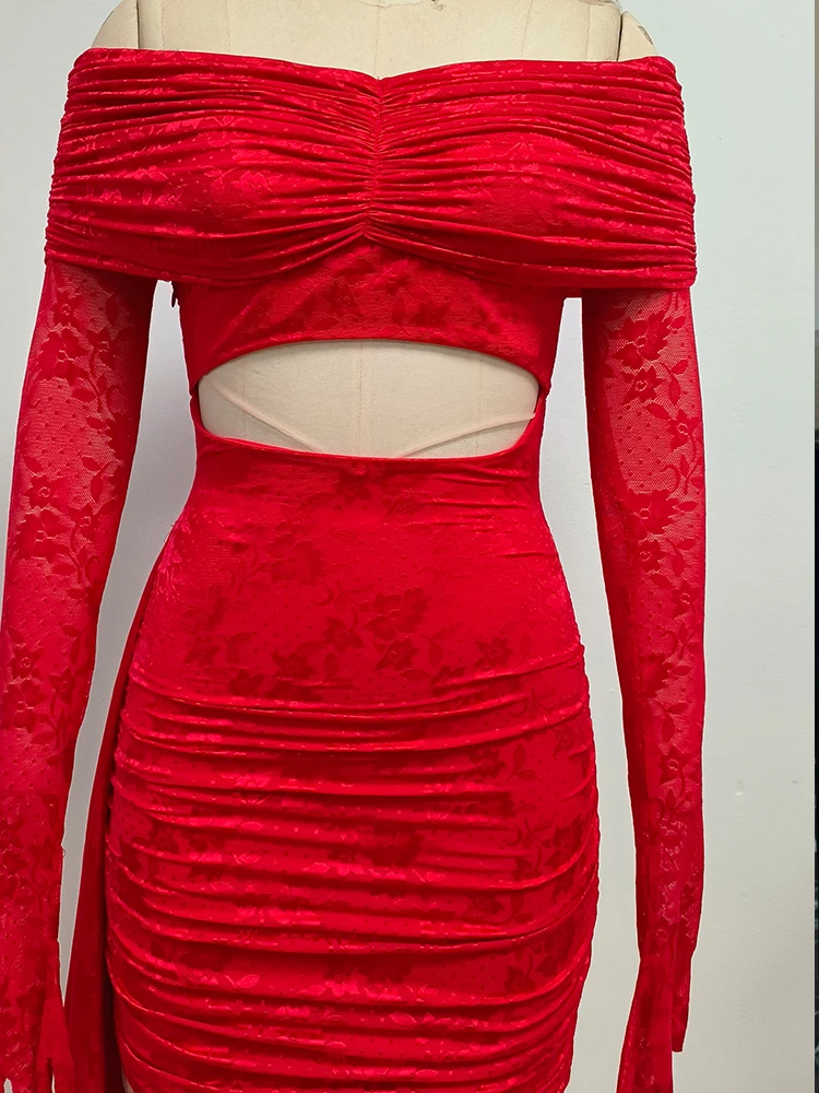 PB Chic Red Off The Shoulder Long-Sleeve Cut-Out Bodycon Mini Dress with Lace Train For Party Nightclub Fashion Event
