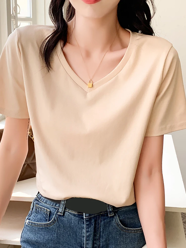 

Solid V-Neck T Shirt Women Tshirt Cotton Short Sleeve T-Shirts Korean Style Woman Clothes Summer Tops Tee Shirt Camisetas Mujer