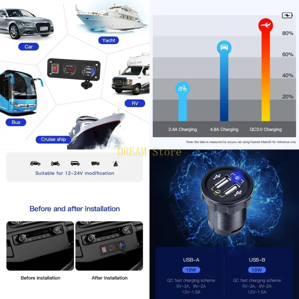 

Автомобильное быстрое зарядное устройство USB QC3.0 со светодиодным вольтметром и выключателем USB-зарядное устройство, лучшая