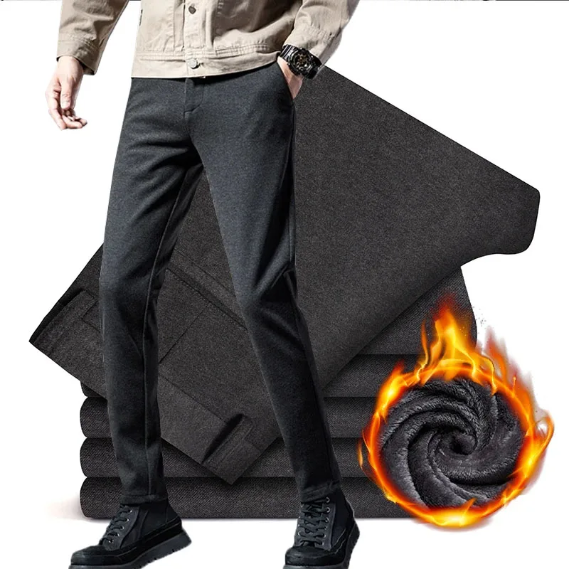 

Stretch Fleece Winter Pants Men's Thick Warm Straight Slim Trousers Fashion Korea Business Versatile Trousers Male Outdoorwear