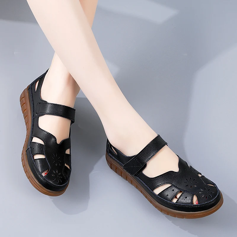 Summer Women Breathable Leather Sandals Ladies Comfortable Flats Walking Slippers Covered Toe Beach Shoes Female Casual Shoes