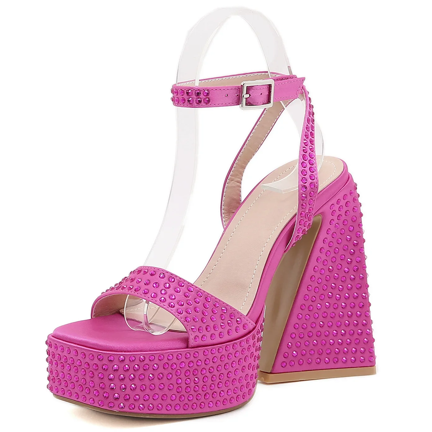 

Luxury Rhinestone One Button High Heel Sandal 14 Cm Block Heel Metal Buckle Plus Size Women's Sandal Sexy Nightclub Bar Party