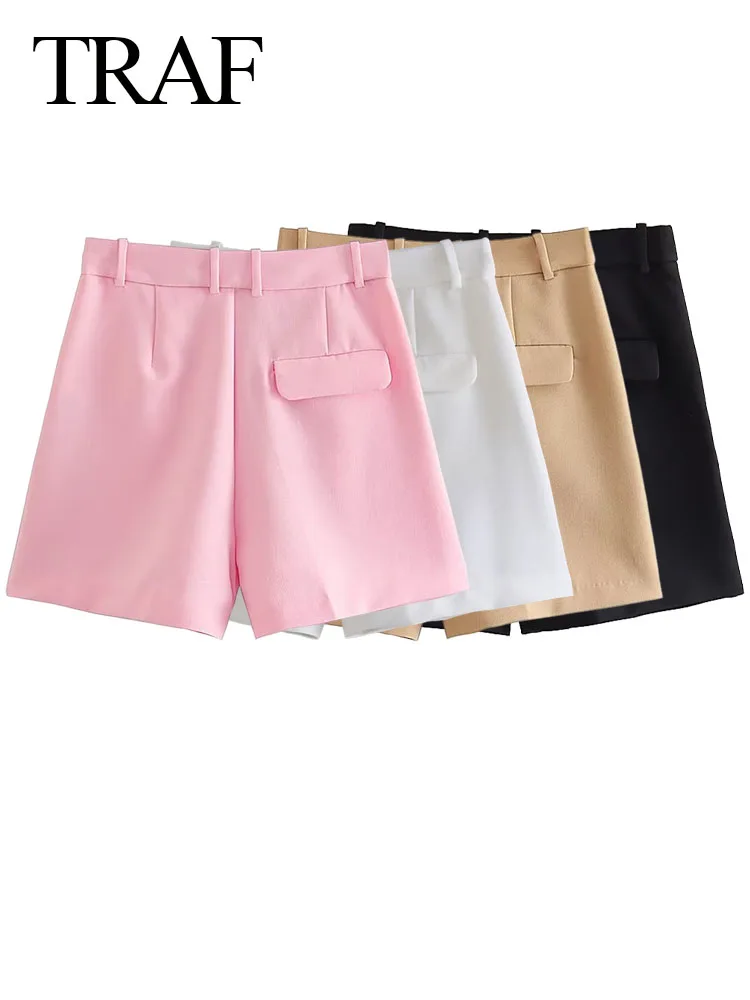 TRAF 2023 Fashion Women Pants Chic Wrinkle Side Pockets Decorate Casual Short Pant Female High Waist Slim Commute Office Shorts