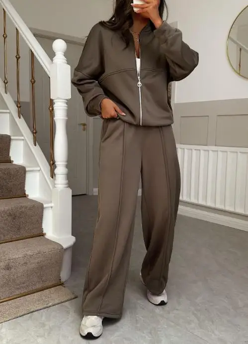 

Spring and Autumn Classic Casual Women's 2-Piece Round Neck Loose Zipper Front Long Sleeve Coat Low Waist Straight Pants Set