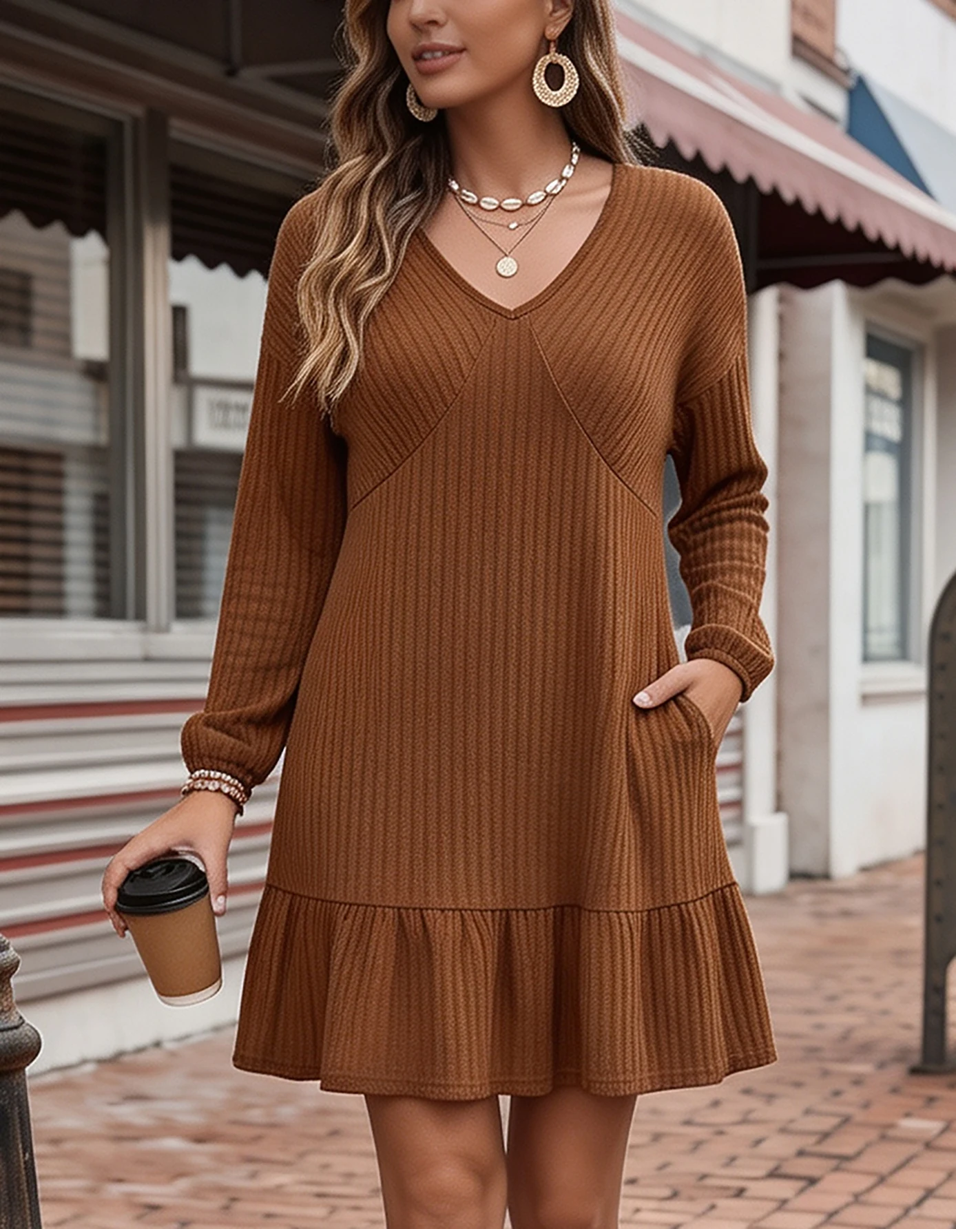 Maternity sweater with pockets brown long-sleeved dress autumn winter home daily comfort maternity dress skirt