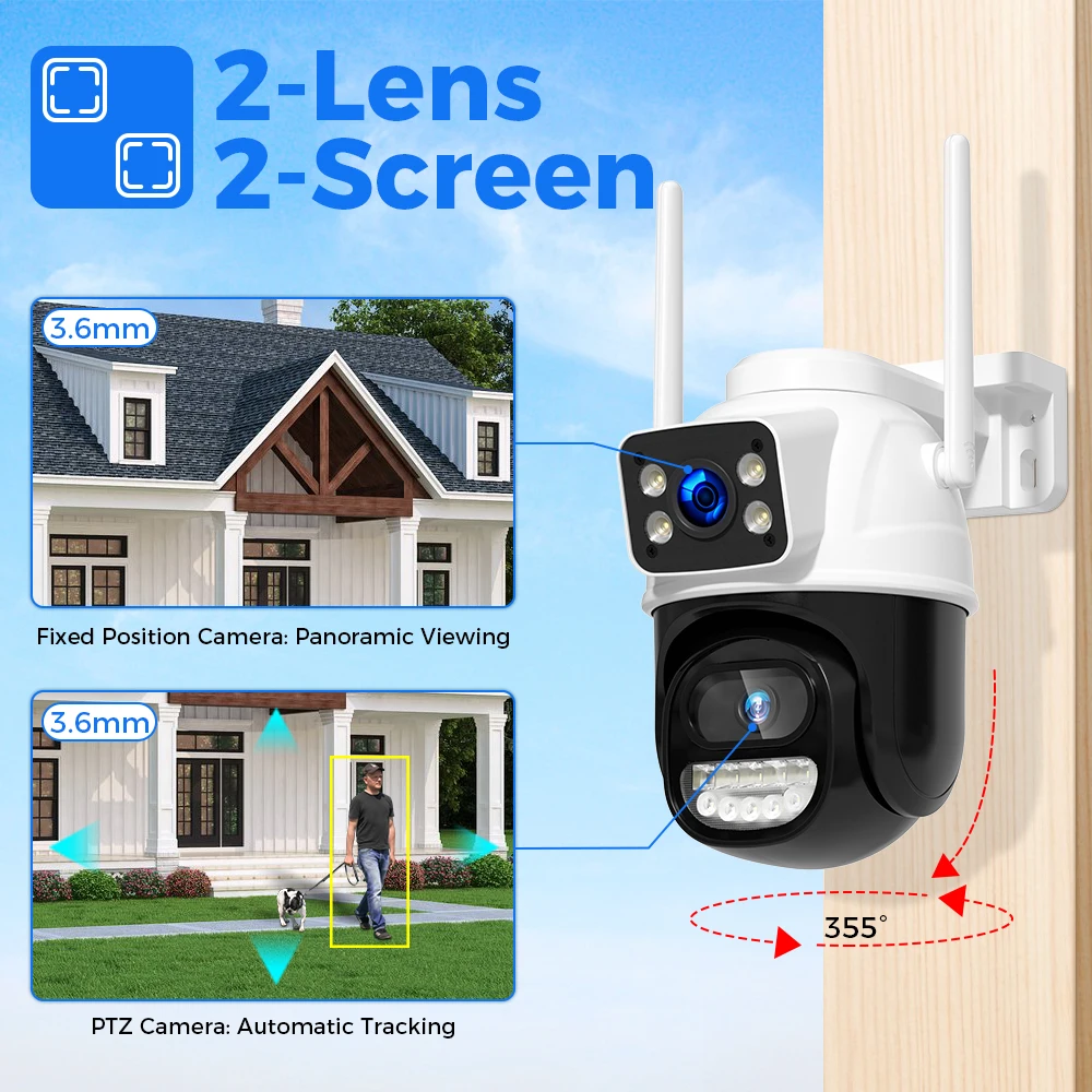 Hiseeu 4K 8MP PTZ WIFI Camera Dual Lens Dual Screen IP Camera Outdoor Auto Tracking Security Protection CCTV Surveillance Camera