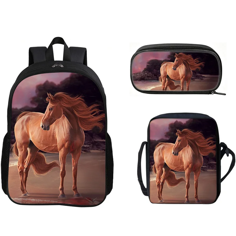3Pcs Set Backpack Horse for Kids Boys Girls Students School Bag with Shoulder Bag Pencil Case Lightweight Large Capacity Animal