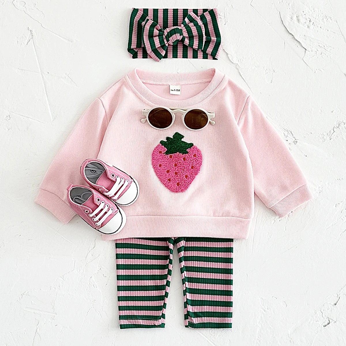 0-3Y Autumn Clothes Baby Girls Sets Strawberry Pullover Top Cotton Knitt Pants Striped Headscarf  Warm Leggings Infant Suit