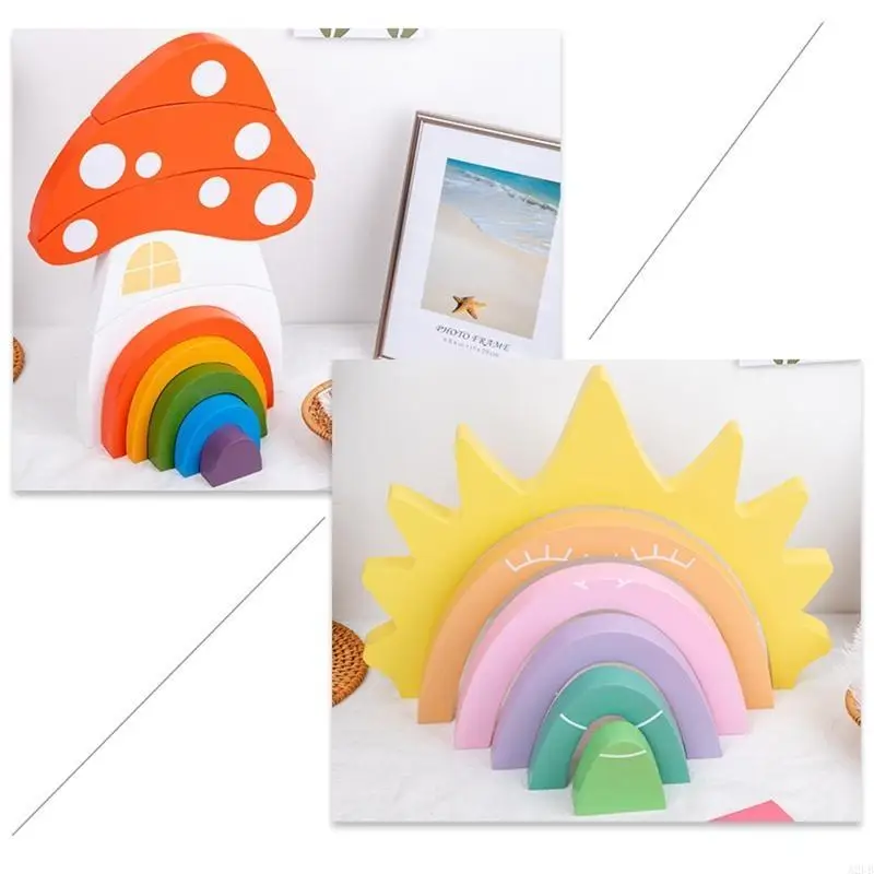 Houten regenboog-/paddenstoelblokken voor kinderen 3-5 jongens Stacing-speelgoed Training Toy A2UB
