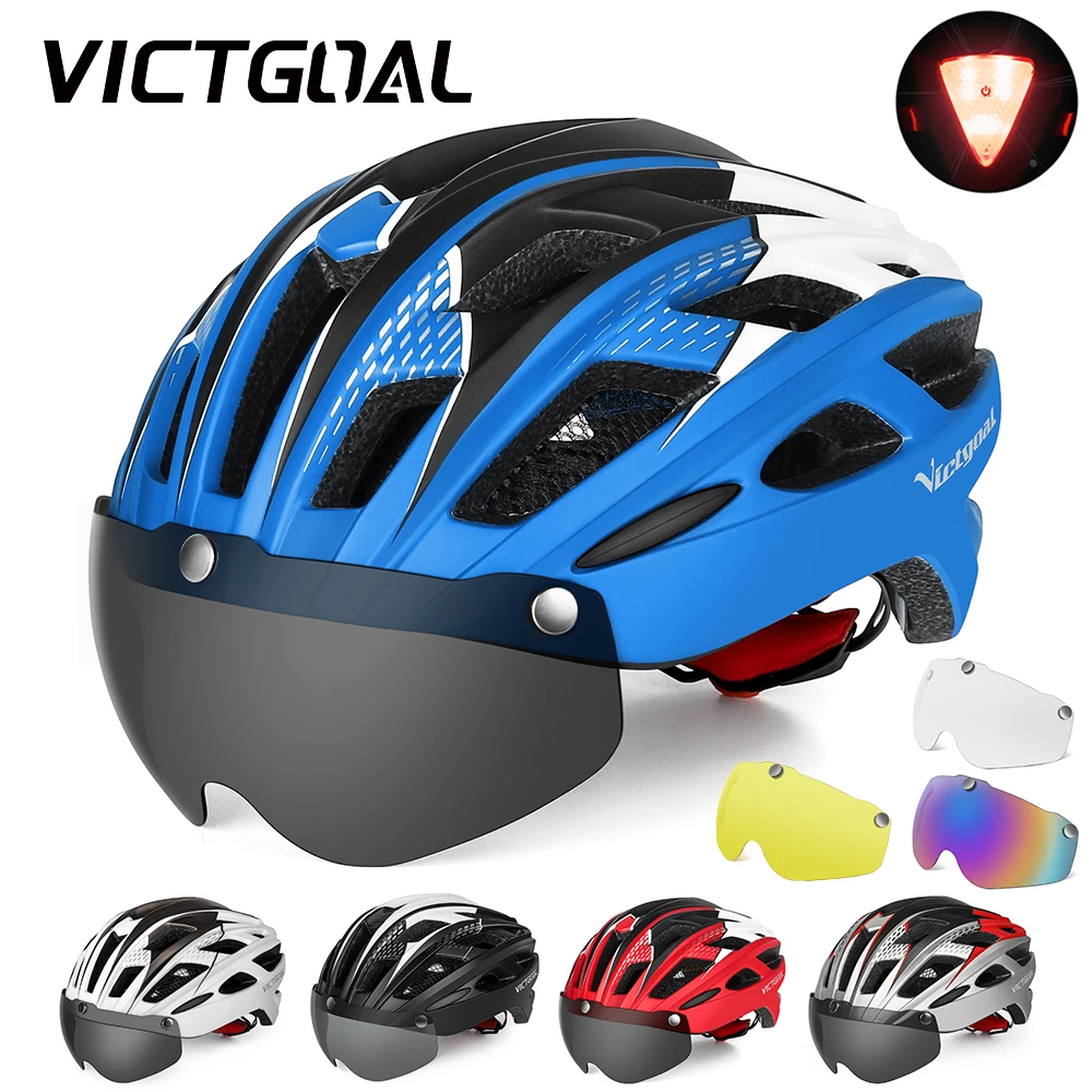 VICTGOAL MTB Bike Helmet for Men Women Goggles Lens Road Bicycle Helmets with LED Rear Light Mountain Cycling Safety Helmets