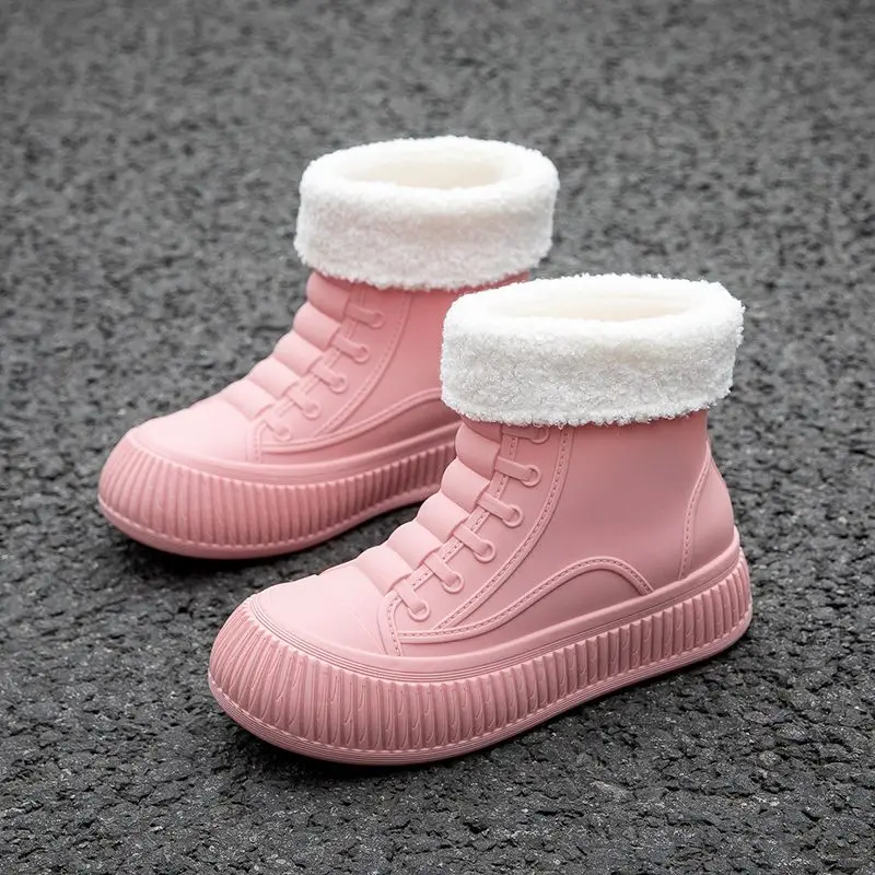 New plush pink rain boots for women green rainboots winter foul weather boots woman waterproof water rain shoes ankle booties