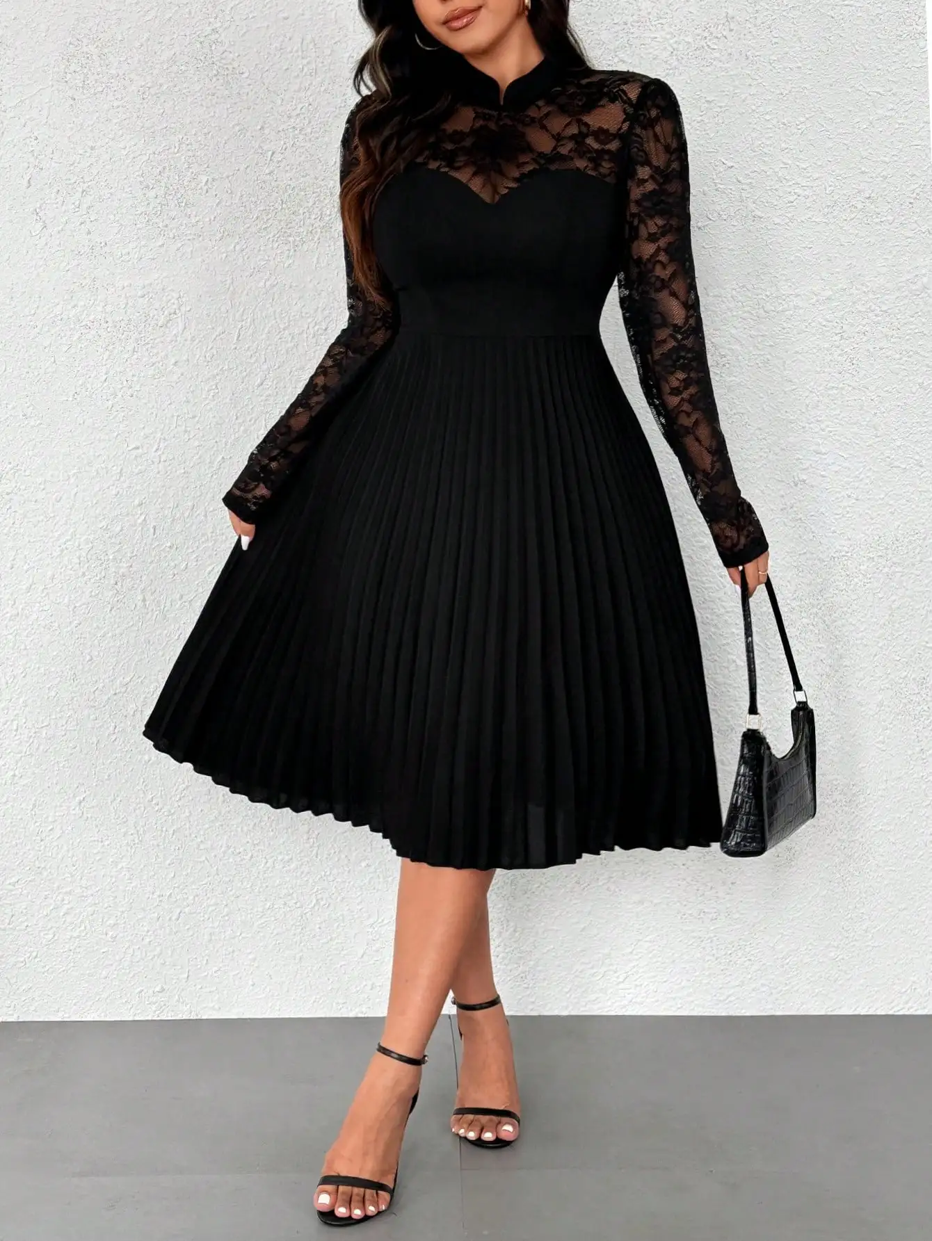 

Black Lace Overlay Pleated Midi Dress with Mandarin Collar