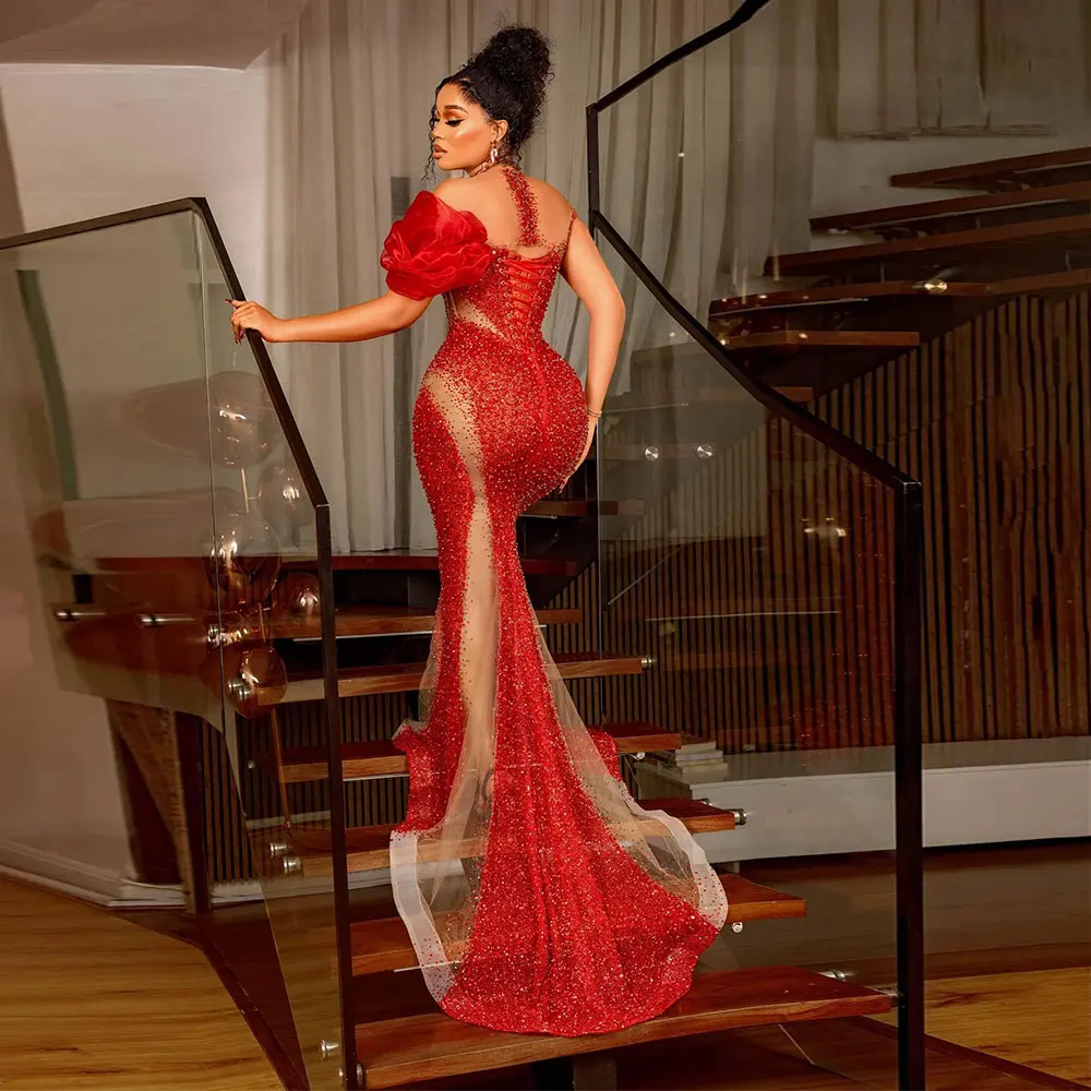 Kralen Sexy Off Schouder Rode Sparkly Sequin Afrikaanse Zeemeermin Avondjurken Aso ebi Formele Jurk Illusion Vrouwen Prom Partij Jassen