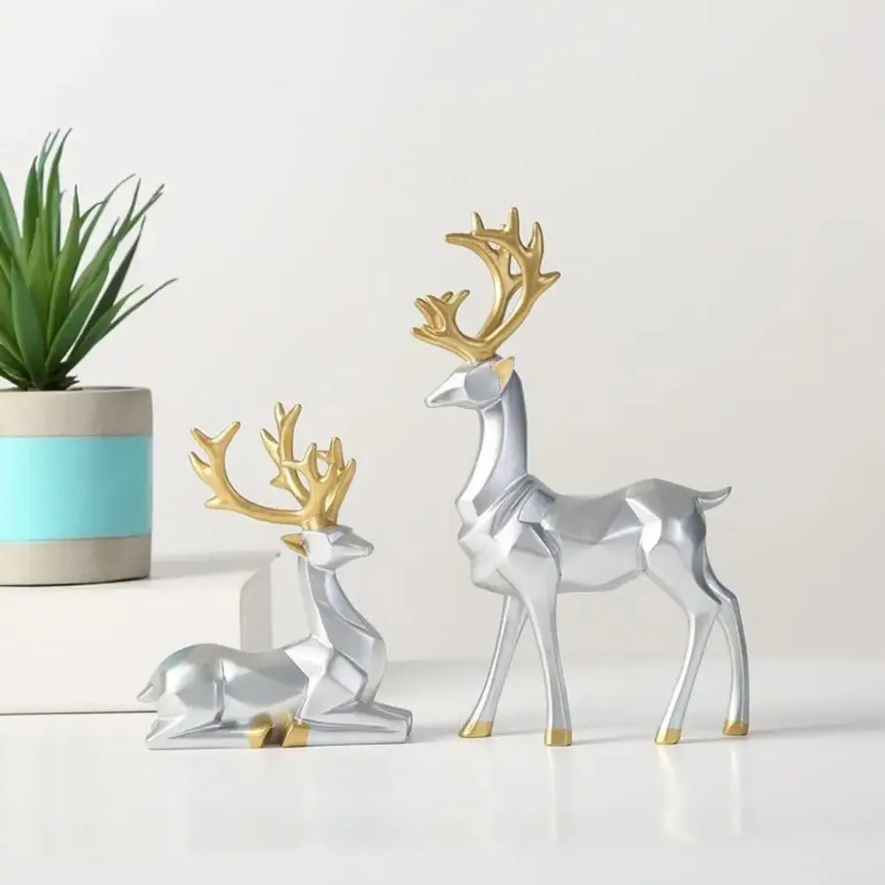2Pcs Creative Deer Desktop Ornament Modern Cute Christmas Deer Statue Sitting/Standing Position Durable Resin Reindeer Sculpture
