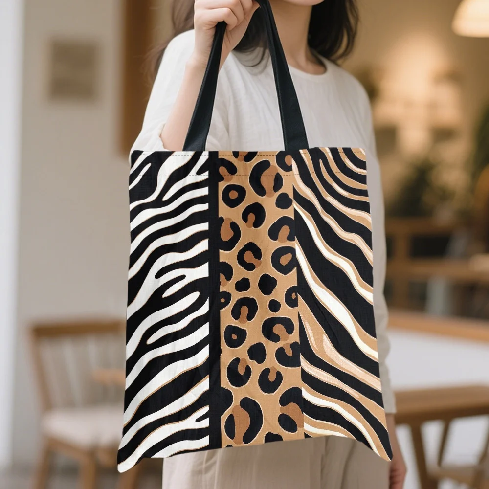 1pc Chic Zebra and Leopard Stripes Print Shoulder Bag  Lightweight Multipurpose Reusable Grocery Bag,For Shopping Pouch