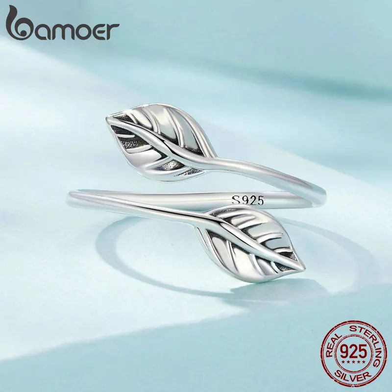 Bamoer 925 Sterling Silver Leaf Opening Ring Leaves Adjustable Ring 5-9 Size Platinum Plated Simple Jewelry for Women SCR975-E