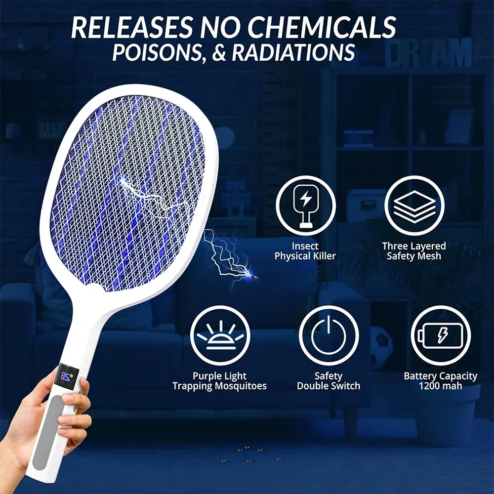 4000V Electric Fly Swatter Insect Killer Type-C Rechargeable Detachable Handheld Automatic Tapping Mode Indoor Outdoor for Home