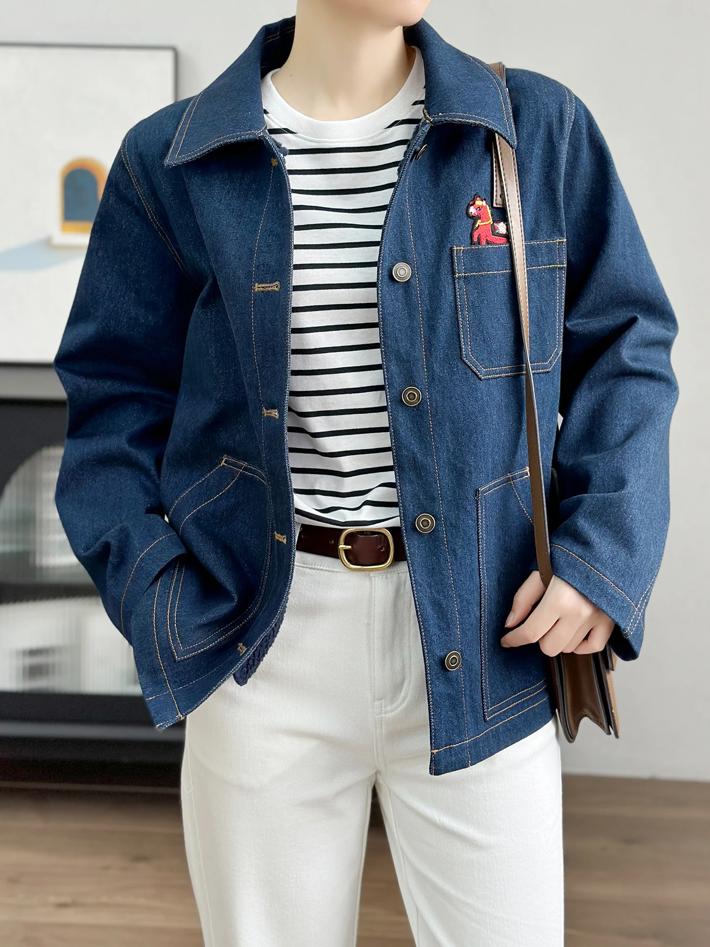 

Left Home Casual Cotton Denim Jaet Removable Inner Embroidery Blue Jeans Cotton Leisure Coat Women's Spring Outerwear